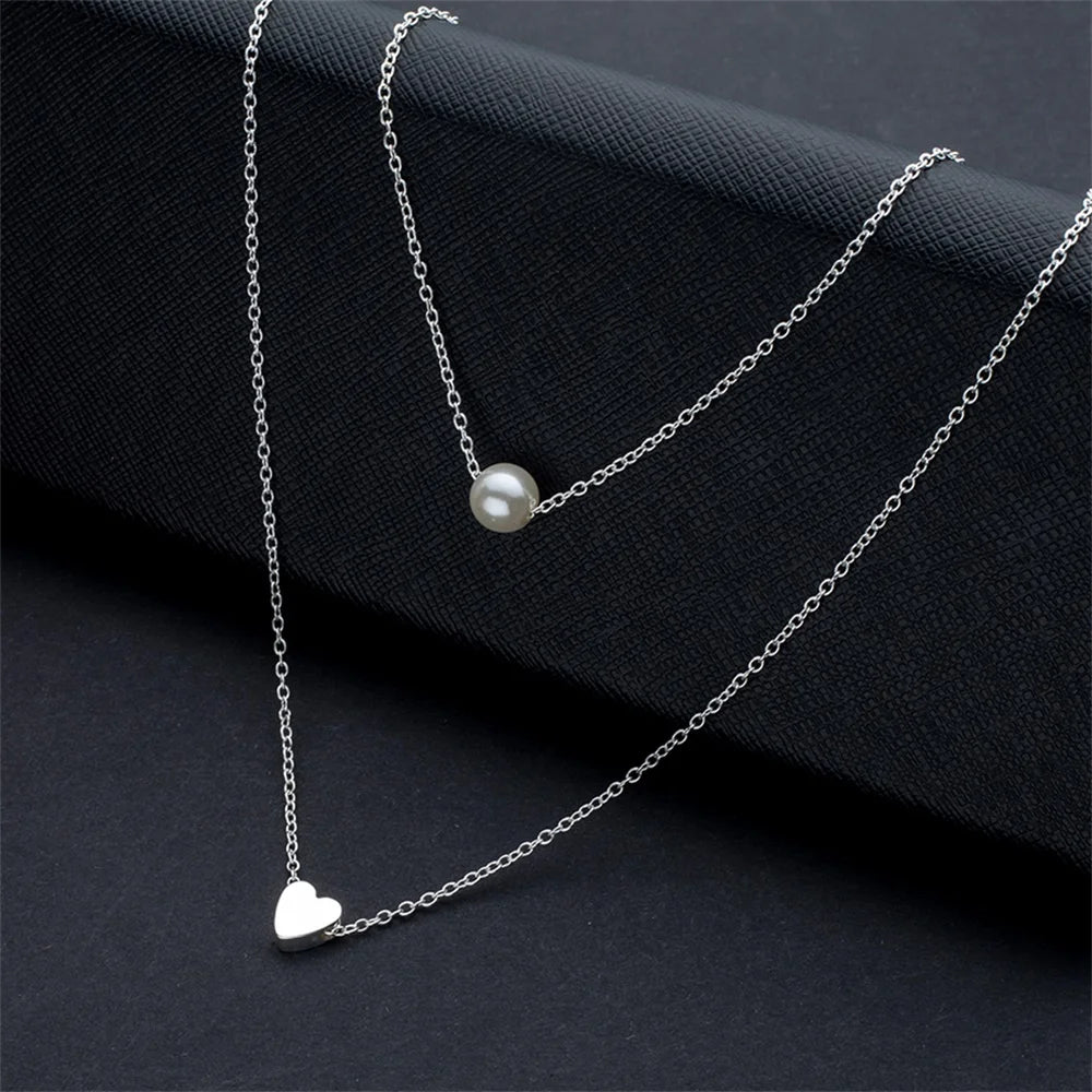 Sweet Double Layers Imitation Pearls Heart-shaped Pendant Necklace