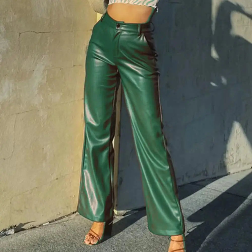 Faux Leather Elastic Waist Cargo Pants