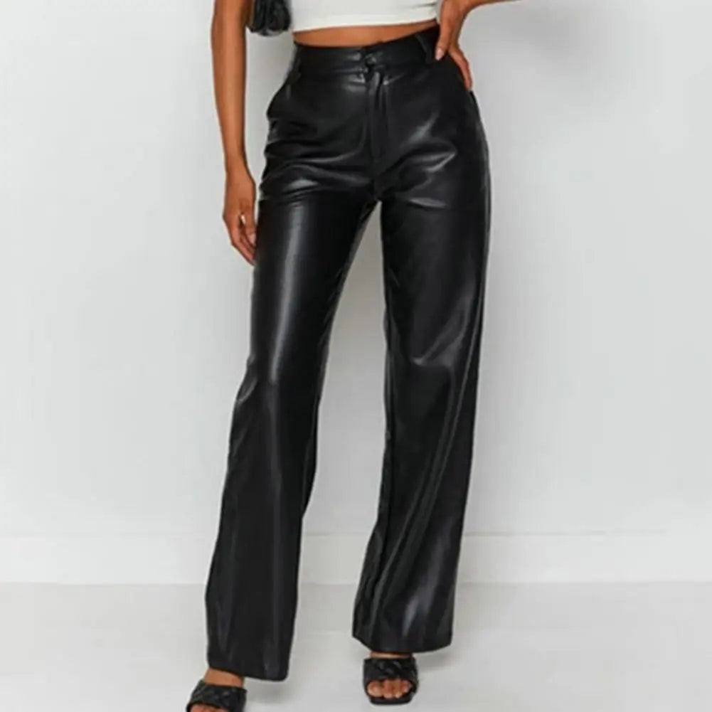 Faux Leather Elastic Waist Cargo Pants